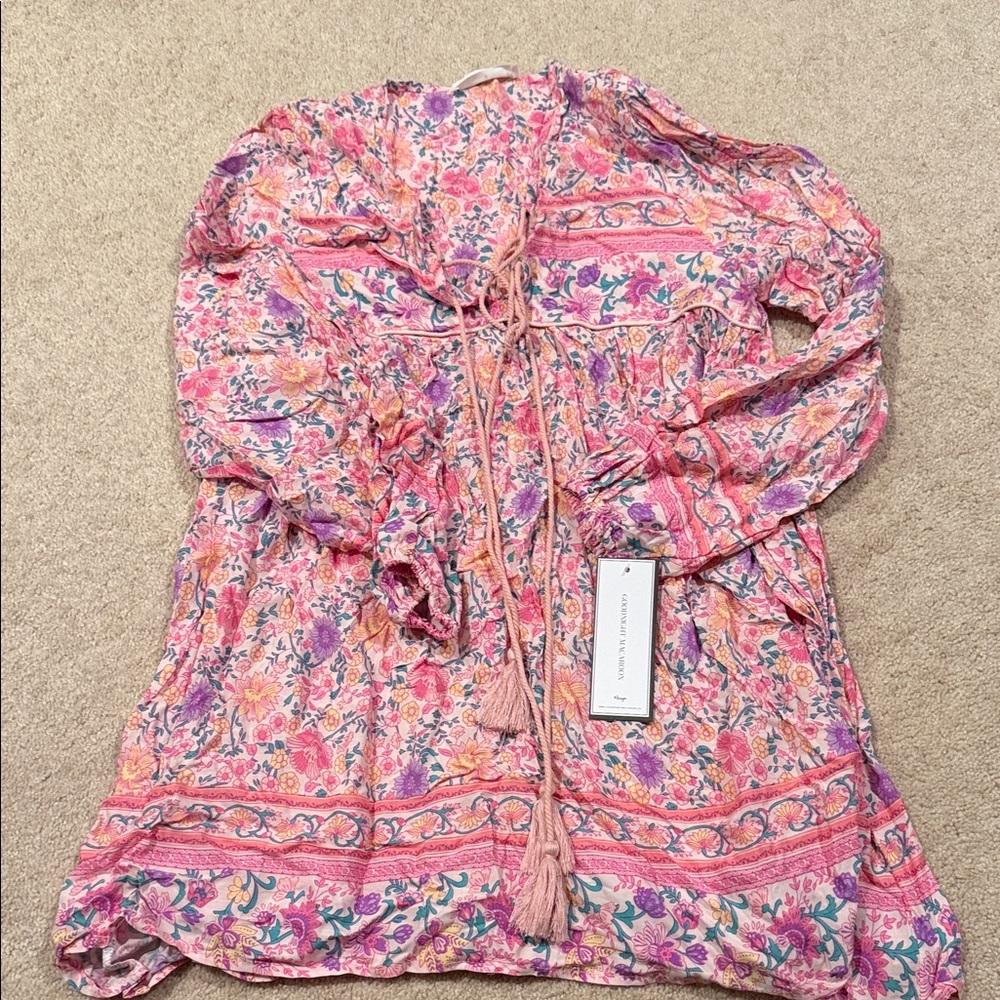 Goodnight Macaroon Boho Floral Pink Peasant tunic Top with Tassel Tie